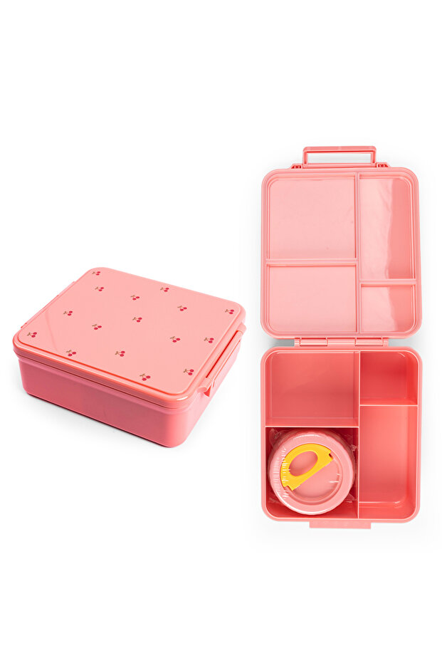 Cherry Food Grade Tritan Bento Lunch Box with Food Jar, 4 Compartments - Pink