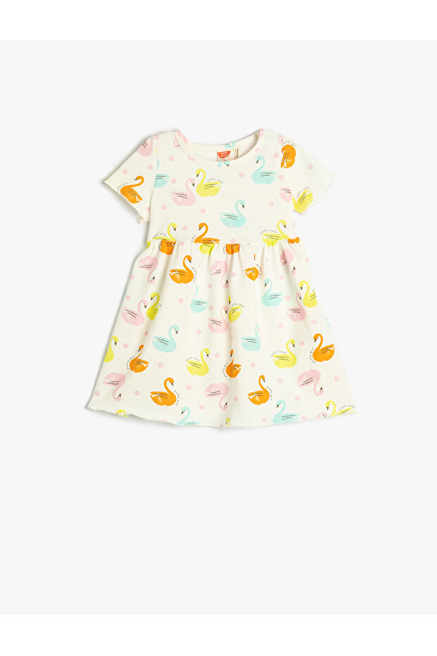 Dress Short Sleeve Crew Neck Cotton Swan Printed