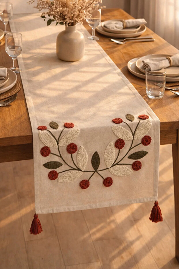 100% Cotton Linen Bohemian Punch Embroidered Table Runner – 40X 130 Elegant and Natural Tablecloth