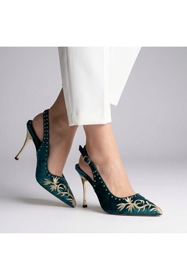Turquoise Embroidery Detailed Heeled Shoes