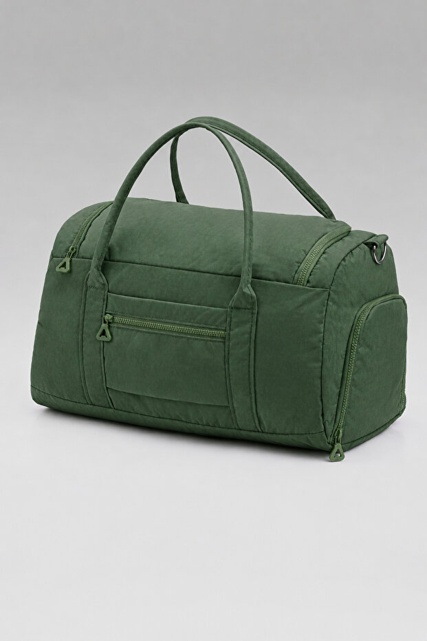 Khaki Crinkle Fabric Sports and Travel Bag with Shoe Compartment 00818, Front Pocket, Waterproof Shoulder Strap