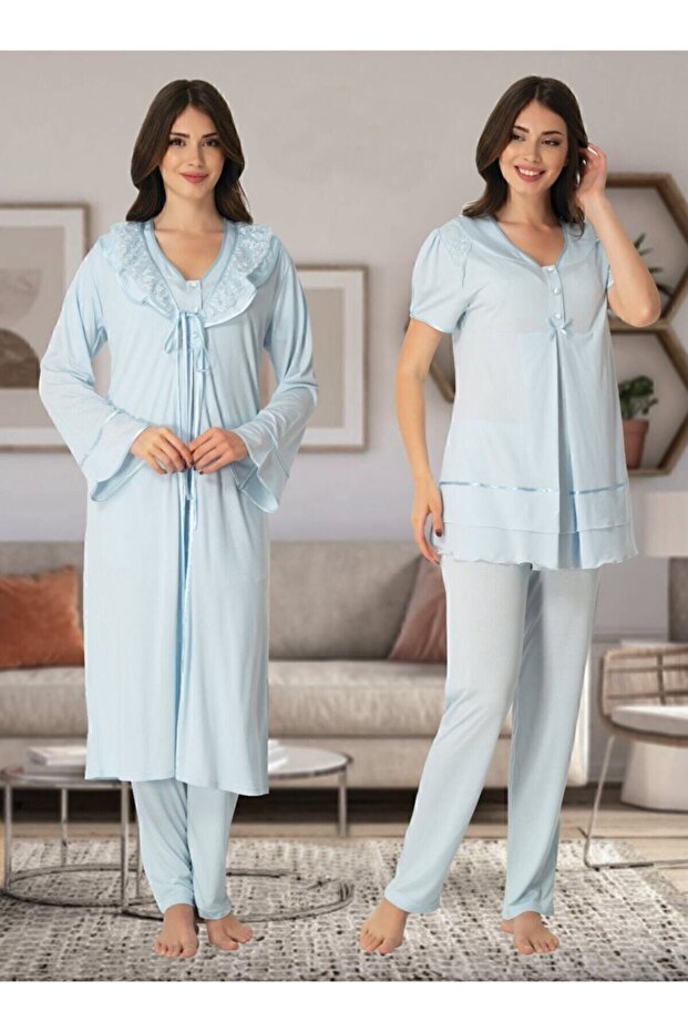 Maternity Pajamas Dressing Gown Set Effort 8024-blue
