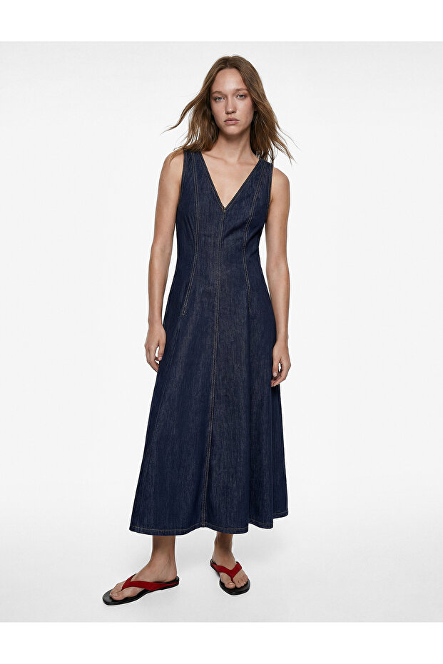 Seam Detailed Flounce Comfortable Fit V-Neck Sleeveless Long Denim Dress