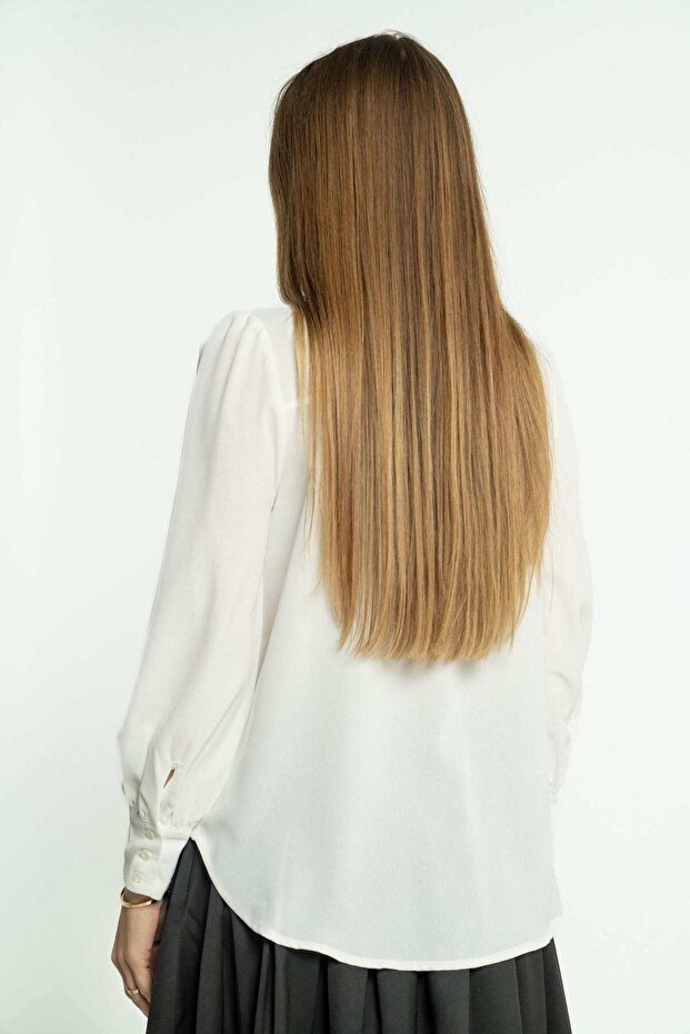 Solid Long Sleeve Blouse with Neckline - 4