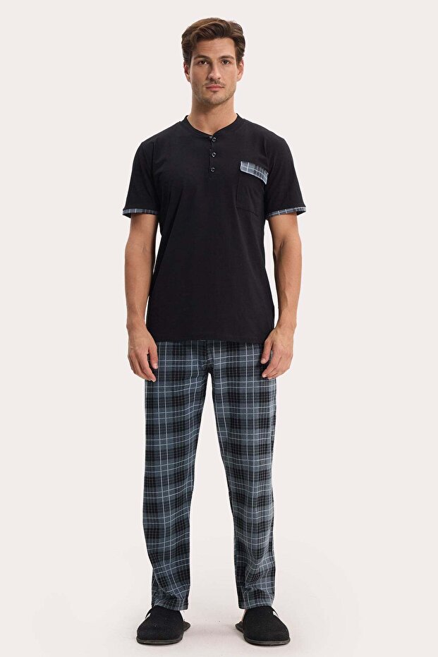 Men's standard fit regular cut cotton short sleeve crew neck pocket black pajama set