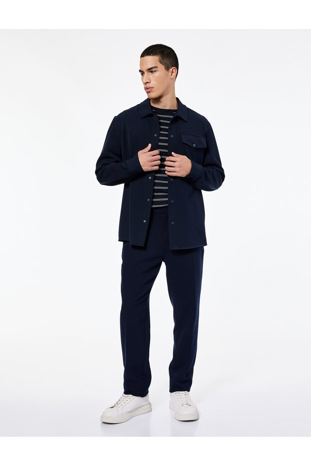 Regular Fit Viscose Blend Covered Pocket Detailed Classic Collar Long Sleeve Shirt