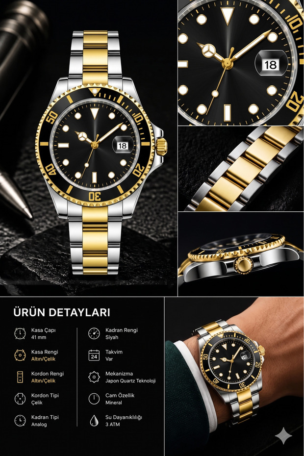 Men's Steel Strap Double Color Calendar Wristwatch