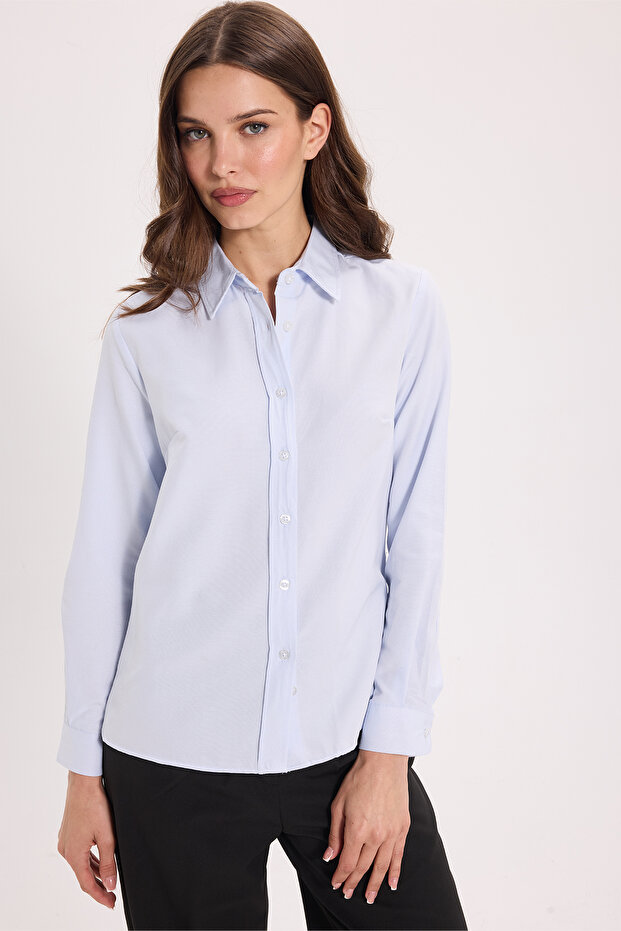Women's Slim Fit Slim Fit Long Sleeve Cotton Body Fitting Textured Blue Basic Shirt