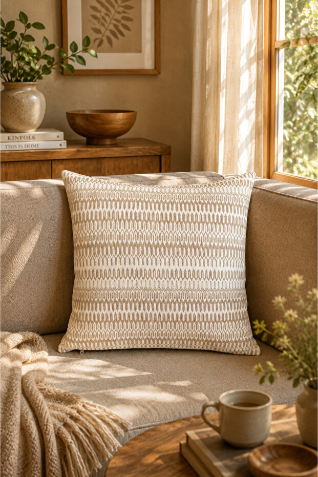 Echo Premium Jacquard Woven Beige Throw Pillow Cover 43X43 cm