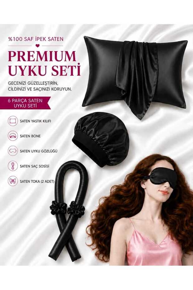 Black 6 Piece Sleeping Set Satin Pillowcase Bonnet Buckle Hair Sausage Sleeping Glasses