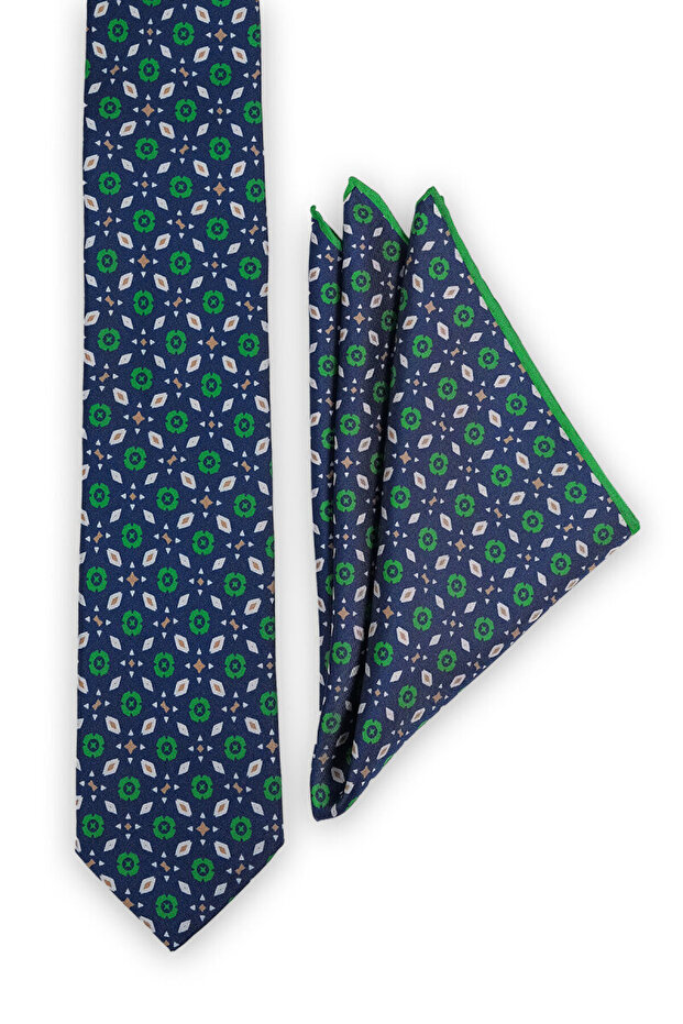Navy Blue Patterned Silk Tie Set - 2