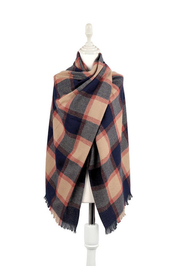 Beige Navy Blue Plaid Pattern Winter Shawl