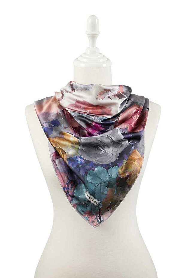 Salmon Flower Pattern Silky Scarf - 2