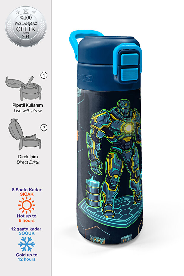 Kids Navy Blue Robot Patterned Steel Thermos with Straw and Direct Drinking Cap 500 ml 38128
