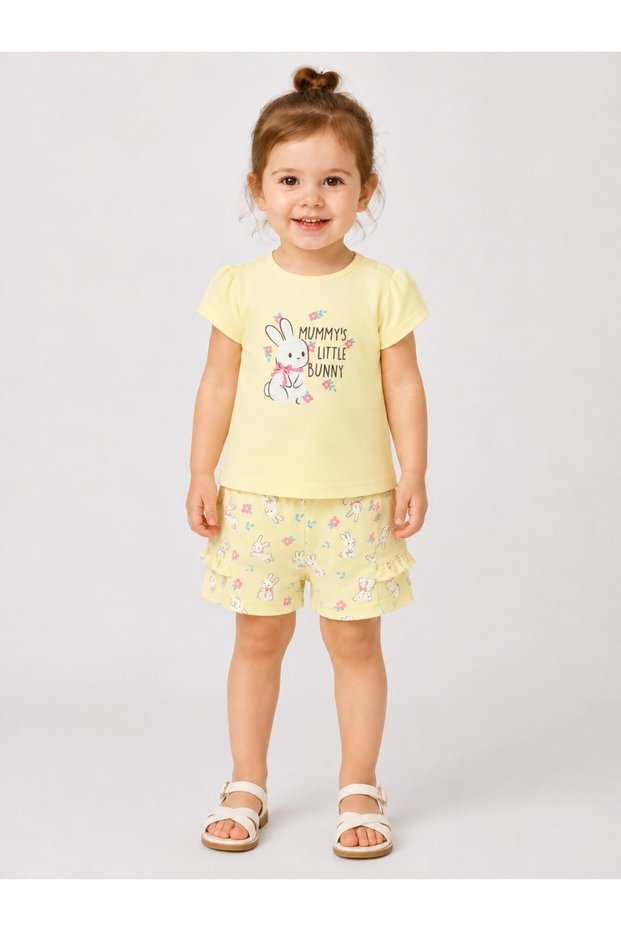 Infant Girls’ 2-Piece Set – Bunny Graphic Top & Floral Ruffle Shorts
