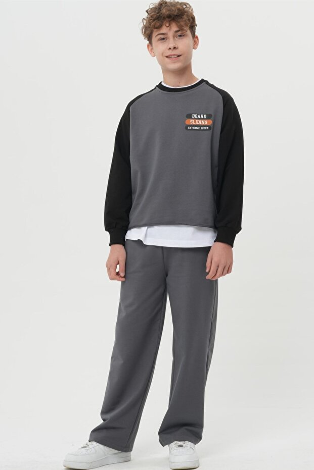 Boys / Young Men's Navy Blue Raglan Sleeve Extreme Sport Printed Comfortable Cut Top and Bottom Tracksuit Set