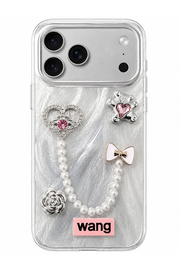 iPhone 17 Pro/18 Pro Rhinestone Case with Pearl Pendant Detail, Marbling Effect 3D Heart and Motif Charm Cover