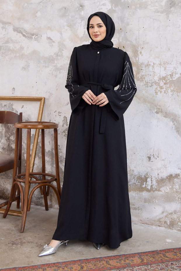 Rona Sleeves Patterned Abaya - Black - 2