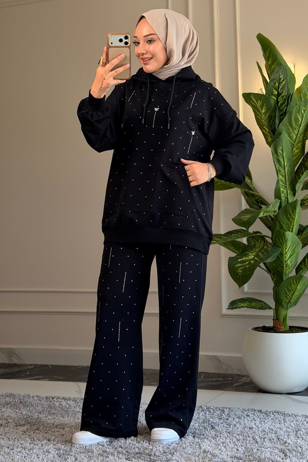 5540 - Stylish and Comfortable 2-Yarn Lycra Hooded Decoration Stone Detailed Hijab Women's Set