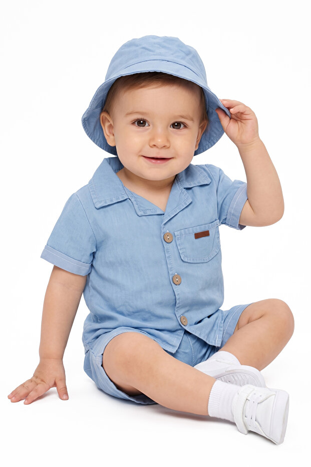 Baby Boy Hat, Blue Buttoned Pocket Shorts and Jeans 2-Piece Set