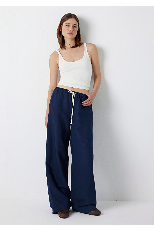 Linen Blend Navy Blue Trousers 1011269-82318