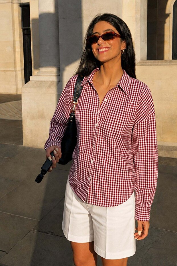 Burgundy Gingham Long Sleeve Women's Shirt Mg2386
