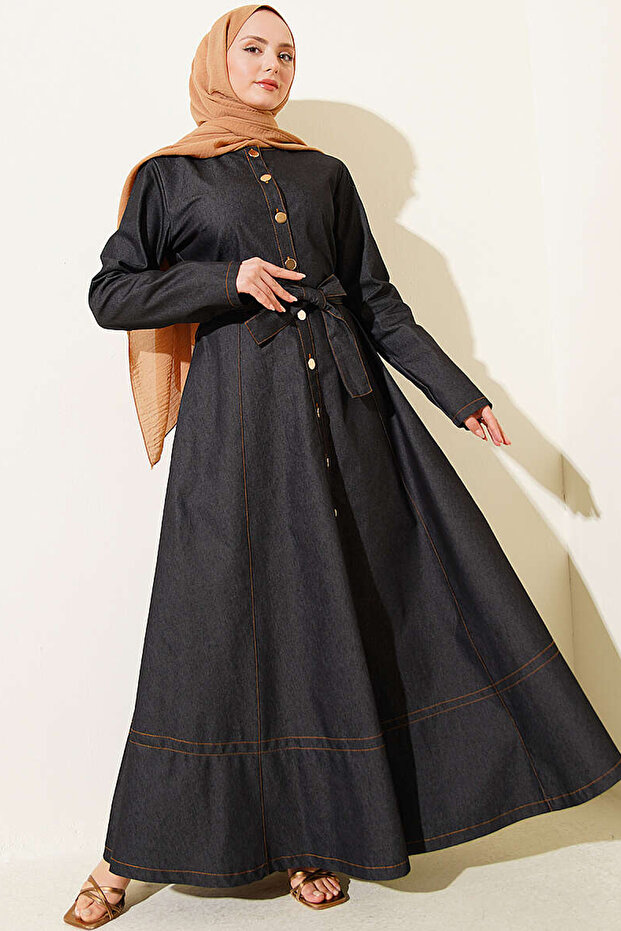 Women's Belted Long Denim Dress 2595 - Smoked