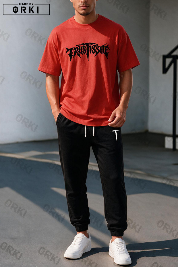 Trust Issue Printed Oversize Red T-Shirt & Black Pants Tracksuit Set