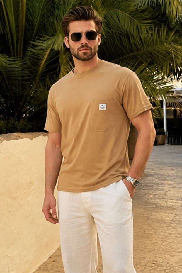 Cappuccino Pocket Crew Neck Basic T-Shirt E7149