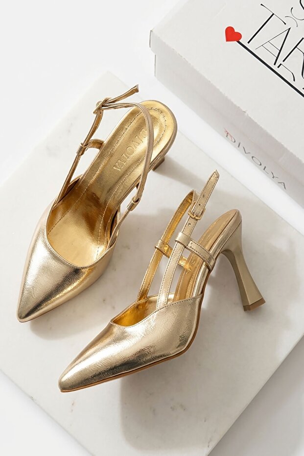 Semiras Gold Crinkled Patent Leather Open-Sided (9 cm Heel) Pointed Toe Heeled Shoes
