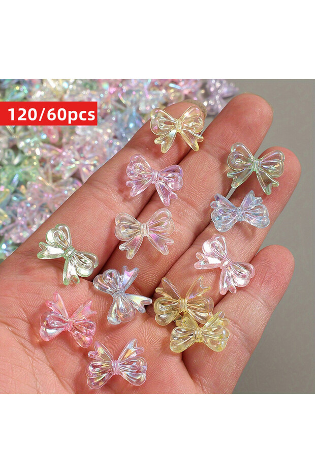 60pcs 19mm-Random color 120/60pcs 19*15mm Acrylic Rainbow Sparkling Finish Transparent Small Bow AB