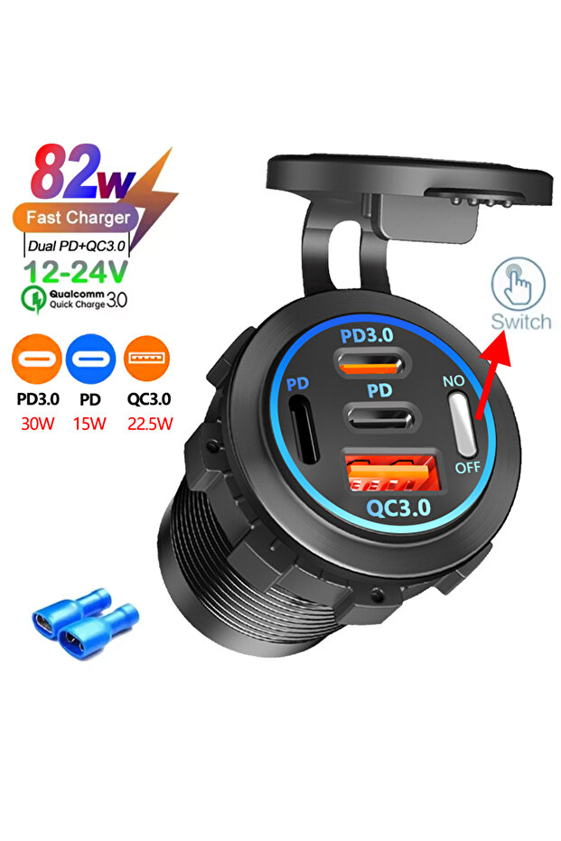 شاحن سيارة USB بـ 3 منافذ PD و1 منفذ QC 3.0 مع فولتميتر ومقبس طاقة ومحول