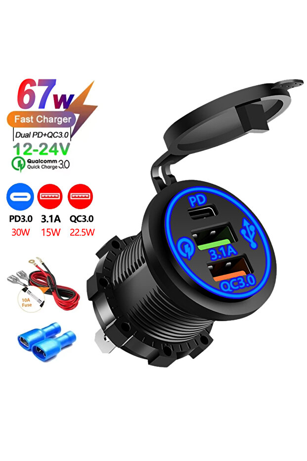 شاحن سيارة USB بمنفذ 2/3/4 منافذ PD QC 3.0 مع فولتميتر ومقبس طاقة ومحول