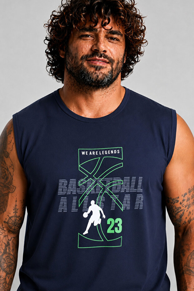 Large Size Printed Sleeveless T-Shirt Basketball 26123 Navy Blue