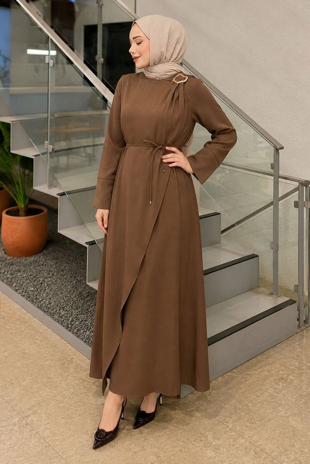Brooch Detailed Belted Dress Tsd260198 Brown