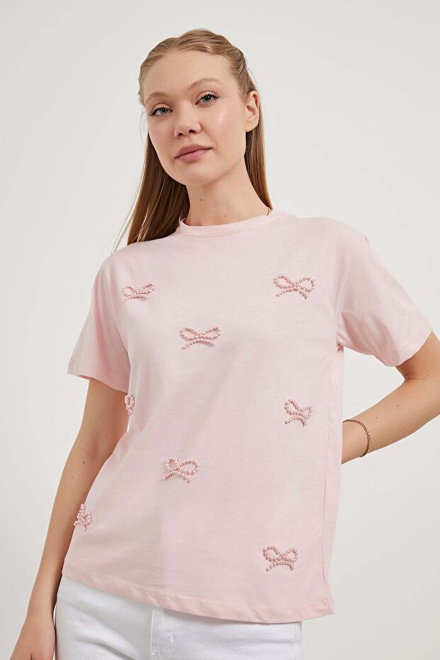 Women's Pearl Bow Crew Neck Basic Pink T-Shirt