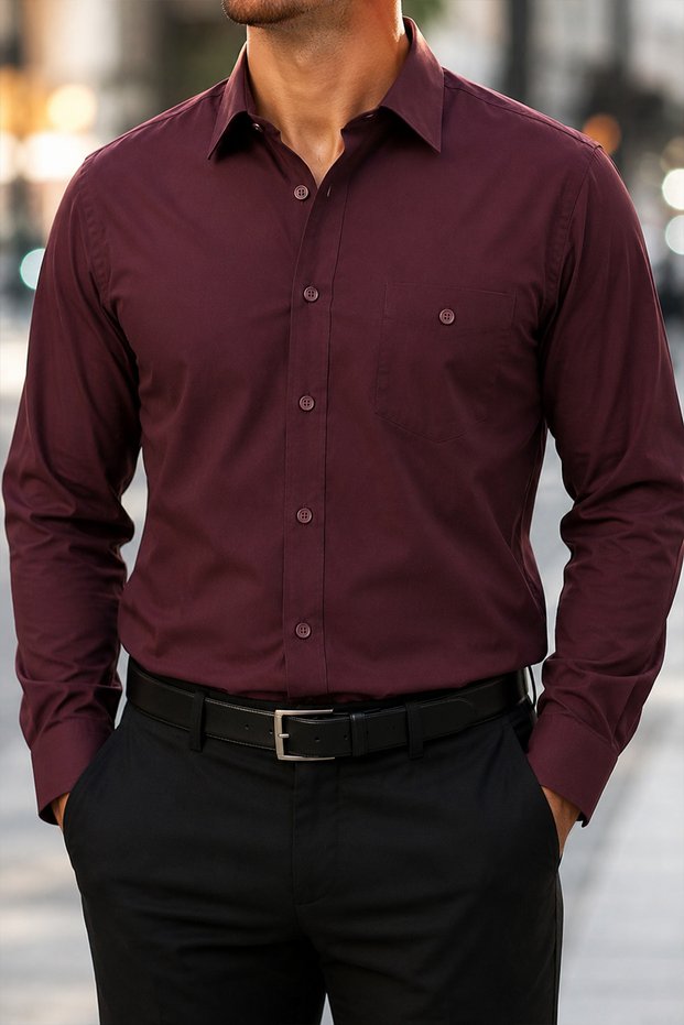 Men's Burgundy Classic Shirt Regular Fit Long Sleeve 100% Cotton Breathable Stylish Office Casual