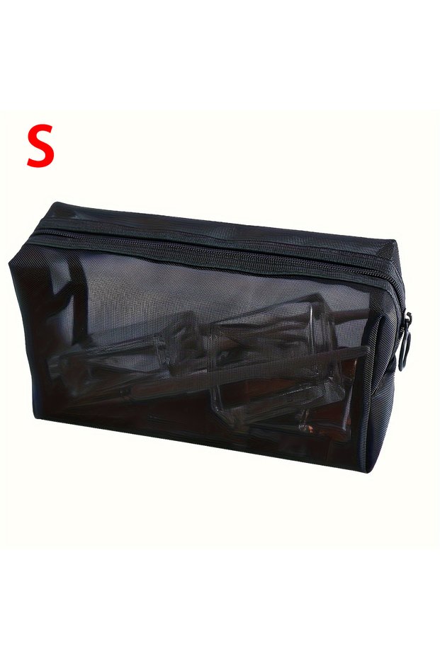 S 1PC Travel Black Mesh Cosmetic Bag Zipper Makeup Bag For Women Wash Toiletry Bag Makeup Organizer