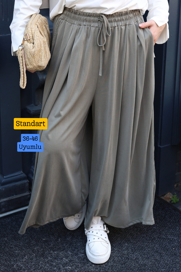Women's Modal Cupra Elastic Waist Adjustable Lace-Up Wide Leg Loose Trousers 3207 Khaki - Special Series
