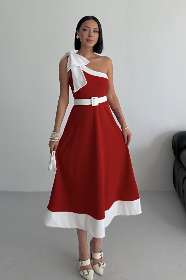 Women's Midi Bow Detailed Belted Evening Dress