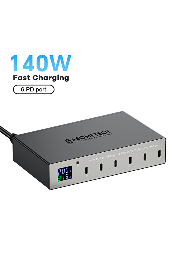 قابس الاتحاد الأوروبي بدون كابل 140 وات 6 منافذ شاحن سريع PD 30 وات متعدد منافذ USB-C مع شاشة LED