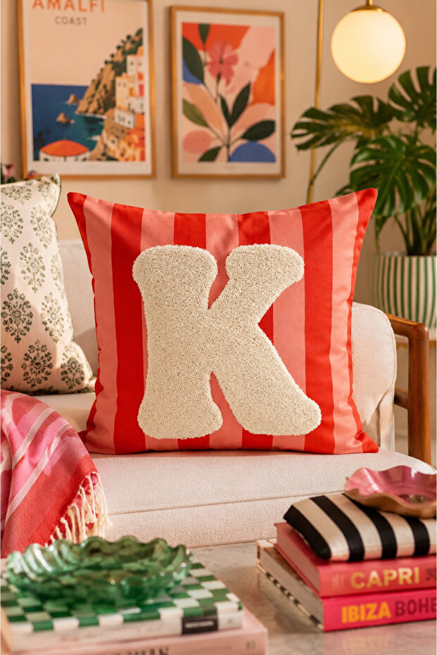 Punch Embroidered Cushion Cover - 43*43 cm - Orange Letter K - Pnk001