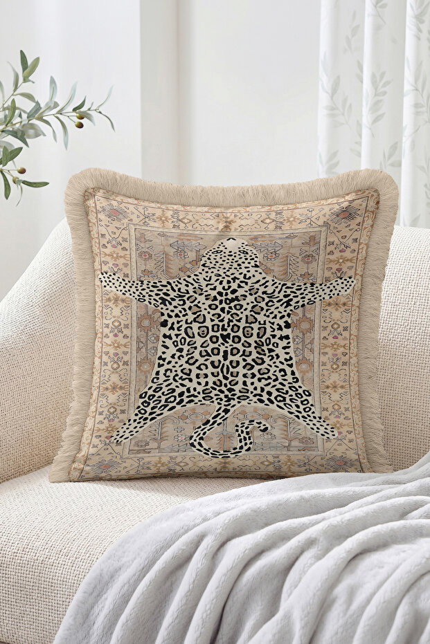 Leopard Patterned Beige Ethnic Carpet Motif Fringed Throw Pillow Cover with Post Figure - Bohemian Decorative Pillow Cover