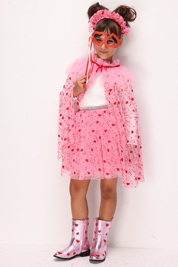 Pink Flock Heart Printed Girl's Cape, Wand and Crown Set