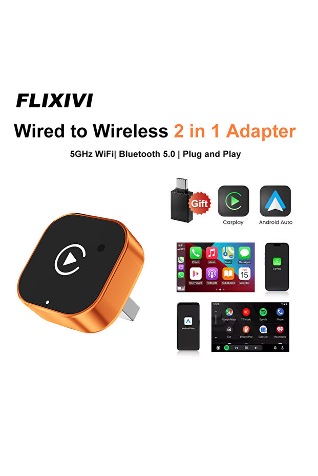 Orange 2026 Wireless CarPlay Adapter 2-in-1 Wired to Wireless Dongle for Apple & Android Phone Plug