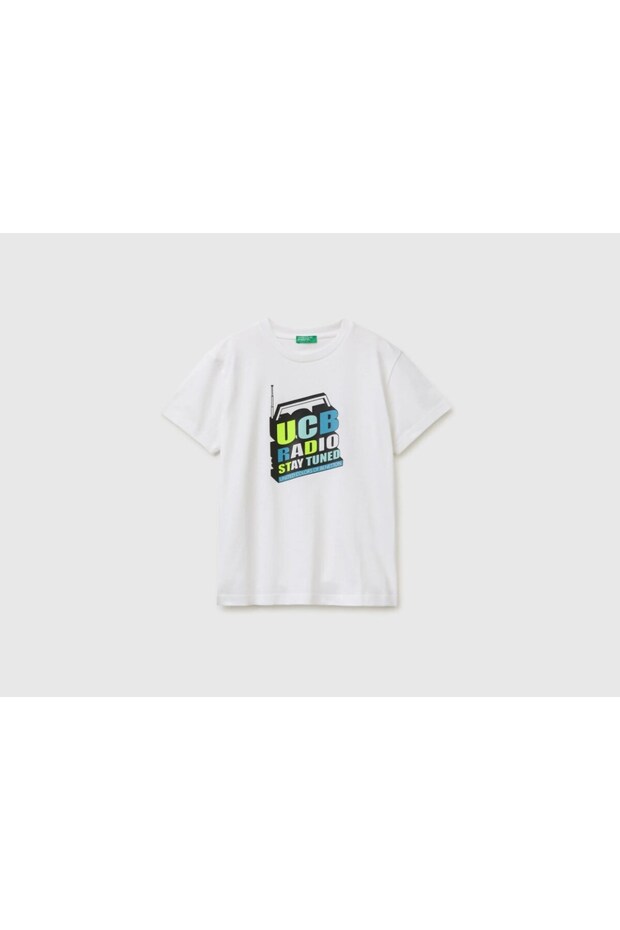 Boy's Crew Neck T-Shirt with Logo Print on the Front, Ages 6-14, Ecru