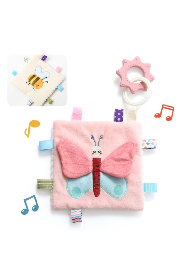 Butterfly Baby Bee Sensory Tag Blanket with Teether, Soft Plush Security Blanket for Newborns,Stroll