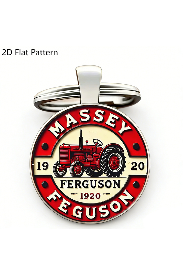 Silver 1pc Vintage Farm Tractor Keychain, Red & Cream Rustic Decor with Massey Ferguson Lettering So