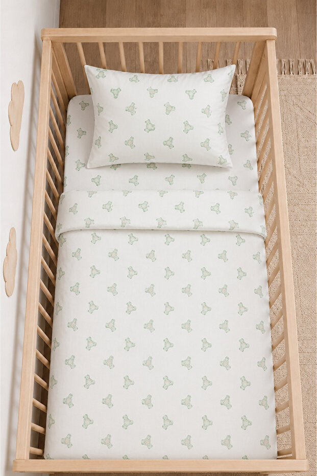 100% Cotton Green Teddy Bear Patterned 80X110 Duvet Cover - Baby Elastic Sheet Set - 2 Pillowcases 60X120 / 70X120 / 70X110 Mother's Side - Park Bedding