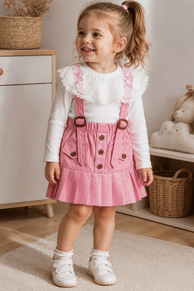 Girl's Festive Salopet 2-3-4-5 Years Old Leather Pleated Skirt - Lace Detailed Body Set